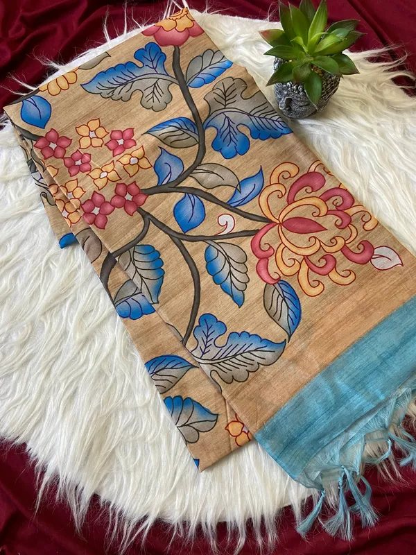 Soft_Tussar_Silk_sarees_with_Beautiful_Digital_Print_With_Attractive_Border_And_Contrast_Print_Blouse_With_Tassels