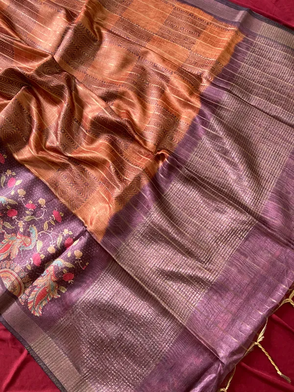 Soft_Semi_Tussar_Silk_sarees_with_Beautiful_Digital_Print_With_Attractive_Border_And_Contrast_Print_Blouse_With_Tassels