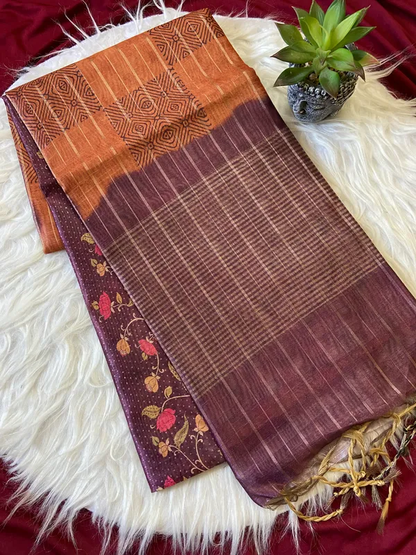 Soft_Semi_Tussar_Silk_sarees_with_Beautiful_Digital_Print_With_Attractive_Border_And_Contrast_Print_Blouse_With_Tassels