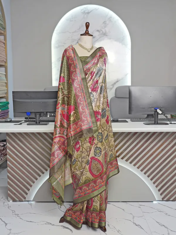 Soft_Tussar_Silk_sarees_with_Beautiful_Digital_Print_With_Attractive_Border_And_Contrast_Print_Blouse_With_Tassels