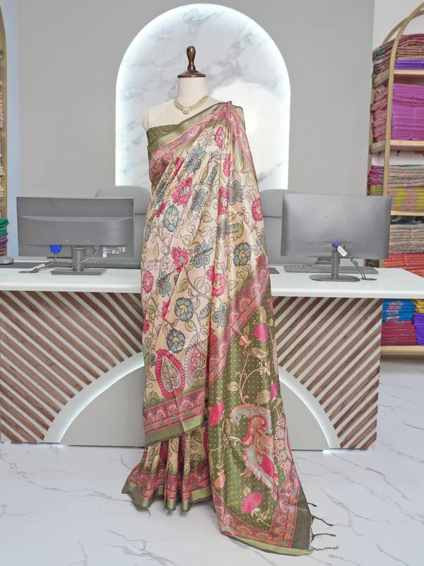 Soft_Tussar_Silk_sarees_with_Beautiful_Digital_Print_With_Attractive_Border_And_Contrast_Print_Blouse_With_Tassels