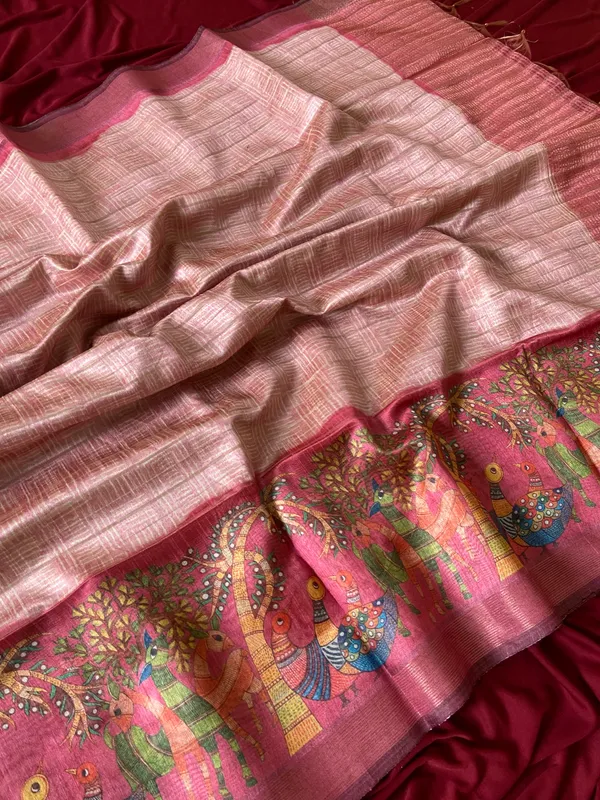 Soft_Semi_Tussar_Silk_sarees_with_Beautiful_Digital_Print_With_Attractive_Border_And_Contrast_Print_Blouse_With_Tassels