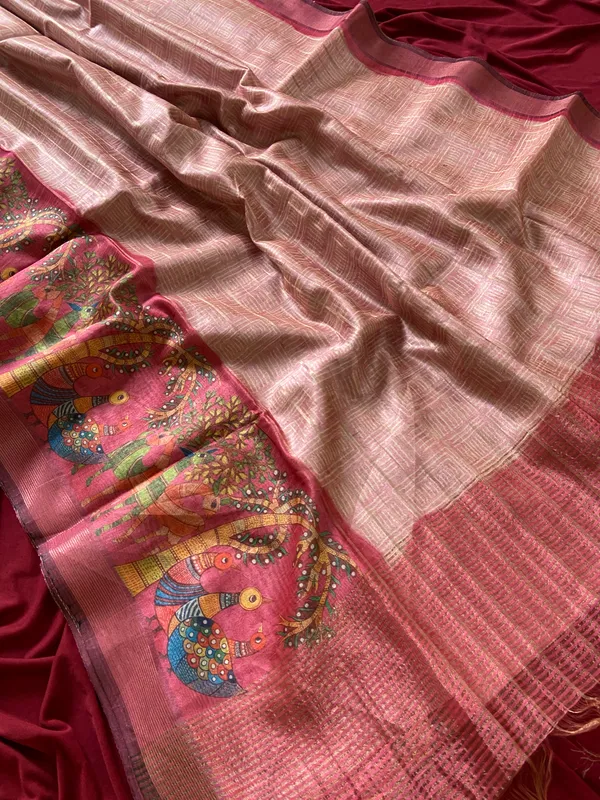 Soft_Semi_Tussar_Silk_sarees_with_Beautiful_Digital_Print_With_Attractive_Border_And_Contrast_Print_Blouse_With_Tassels