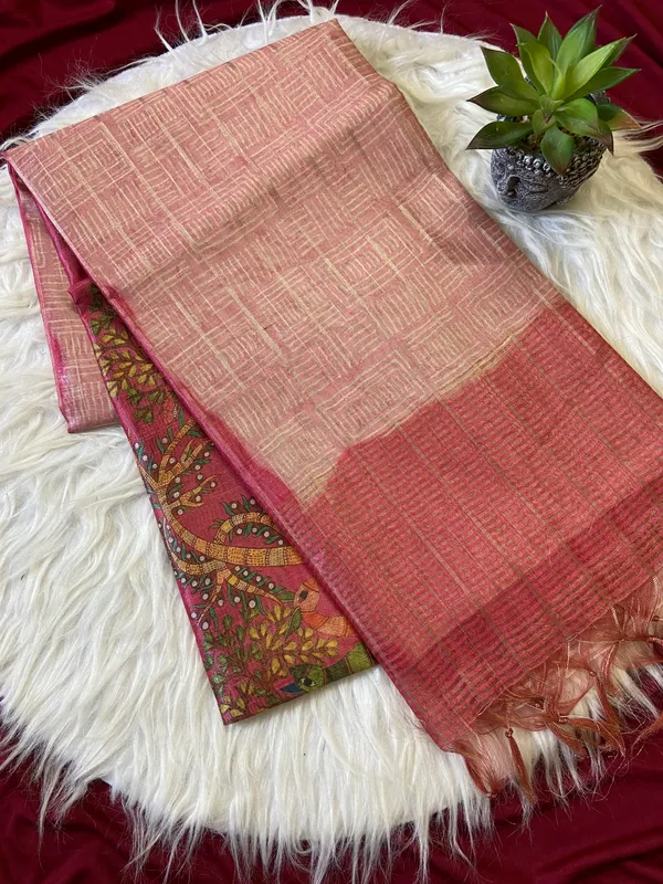 Soft_Semi_Tussar_Silk_sarees_with_Beautiful_Digital_Print_With_Attractive_Border_And_Contrast_Print_Blouse_With_Tassels