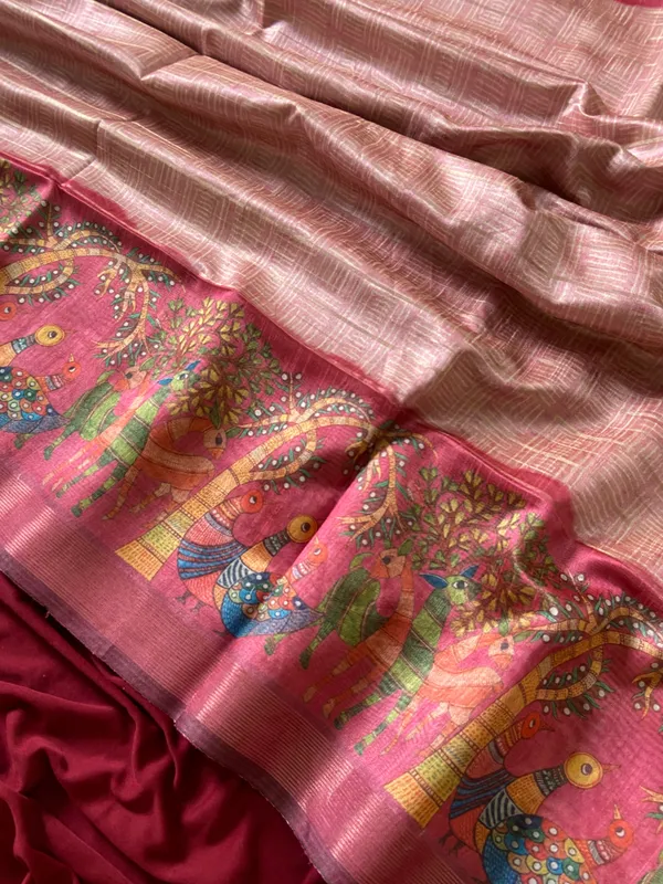 Soft_Semi_Tussar_Silk_sarees_with_Beautiful_Digital_Print_With_Attractive_Border_And_Contrast_Print_Blouse_With_Tassels