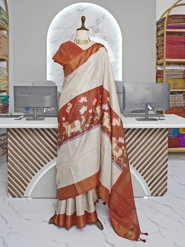 Soft_Tussar_Silk_sarees_with_Beautiful_Digital_Print_With_Attractive_Checks_Design_Saree_And_Digital_Print_Blouse_With_Tassels