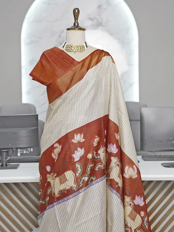 Soft_Tussar_Silk_sarees_with_Beautiful_Digital_Print_With_Attractive_Checks_Design_Saree_And_Digital_Print_Blouse_With_Tassels