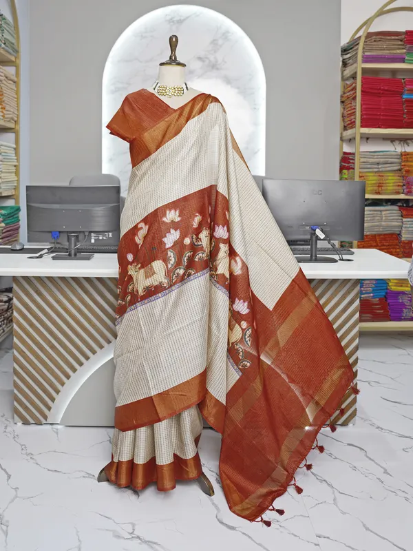 Soft_Tussar_Silk_sarees_with_Beautiful_Digital_Print_With_Attractive_Checks_Design_Saree_And_Digital_Print_Blouse_With_Tassels