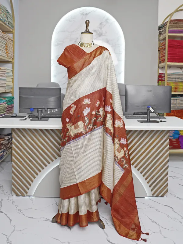 Soft_Tussar_Silk_sarees_with_Beautiful_Digital_Print_With_Attractive_Checks_Design_Saree_And_Digital_Print_Blouse_With_Tassels