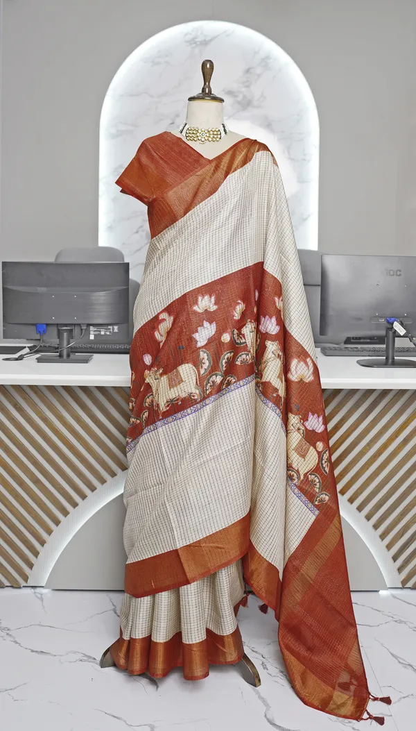 Soft_Tussar_Silk_sarees_with_Beautiful_Digital_Print_With_Attractive_Checks_Design_Saree_And_Digital_Print_Blouse_With_Tassels