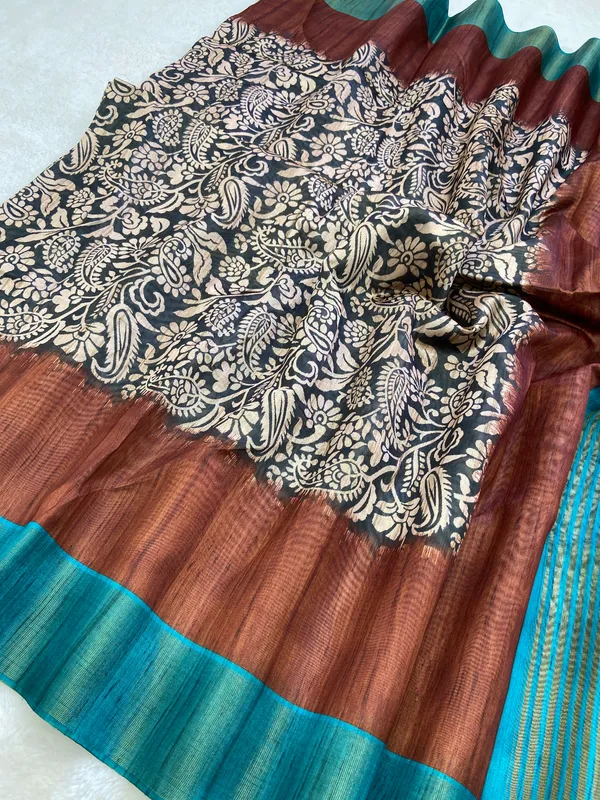 Mirza_Rama_Green_&_Coffee_Brown_–_Festive_Season_Special_|_Soft_Tussar_Silk_Saree_with_Print,_Border_&_Contrast_Print_Blouse_with_Tassels