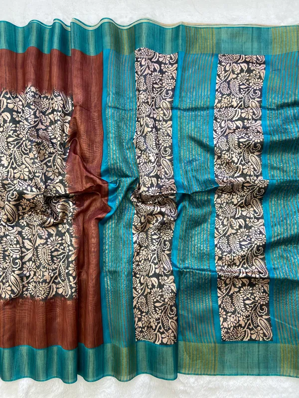 Mirza_Rama_Green_&_Coffee_Brown_–_Festive_Season_Special_|_Soft_Tussar_Silk_Saree_with_Print,_Border_&_Contrast_Print_Blouse_with_Tassels