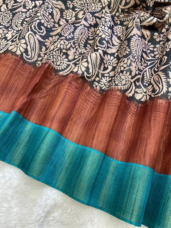 Mirza_Rama_Green_&_Coffee_Brown_–_Festive_Season_Special_|_Soft_Tussar_Silk_Saree_with_Print,_Border_&_Contrast_Print_Blouse_with_Tassels