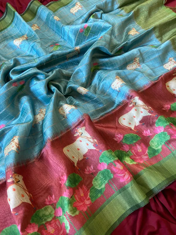Soft_Semi_Tussar_Silk_sarees_with_Beautiful_Digital_Print_With_Attractive_Border_And_Contrast_Print_Blouse_With_Tassels