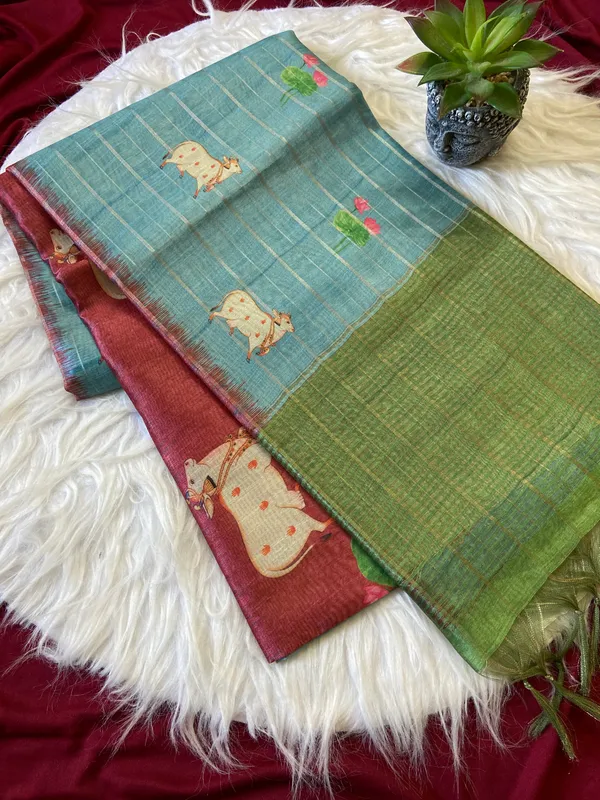 Soft_Semi_Tussar_Silk_sarees_with_Beautiful_Digital_Print_With_Attractive_Border_And_Contrast_Print_Blouse_With_Tassels