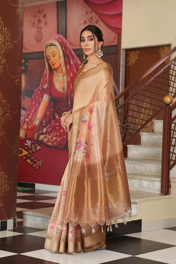 Vaanya_Coffee_Brown_–_Diwali_Special_|_Soft_Tissue_Silk_Saree_with_Digital_Print,_Border_&_Rich_Pallu,_Sequence_&_Contrast_Print_Blouse_with_Tassels