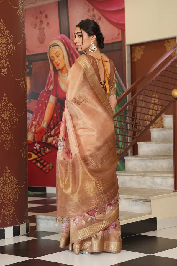 Vaanya_Coffee_Brown_–_Diwali_Special_|_Soft_Tissue_Silk_Saree_with_Digital_Print,_Border_&_Rich_Pallu,_Sequence_&_Contrast_Print_Blouse_with_Tassels