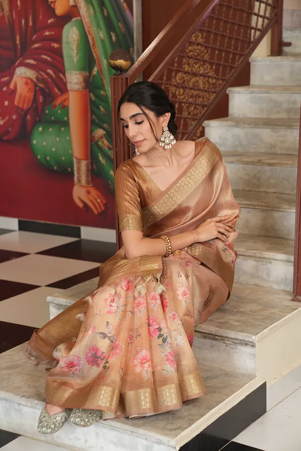 Vaanya_Coffee_Brown_–_Diwali_Special_|_Soft_Tissue_Silk_Saree_with_Digital_Print,_Border_&_Rich_Pallu,_Sequence_&_Contrast_Print_Blouse_with_Tassels