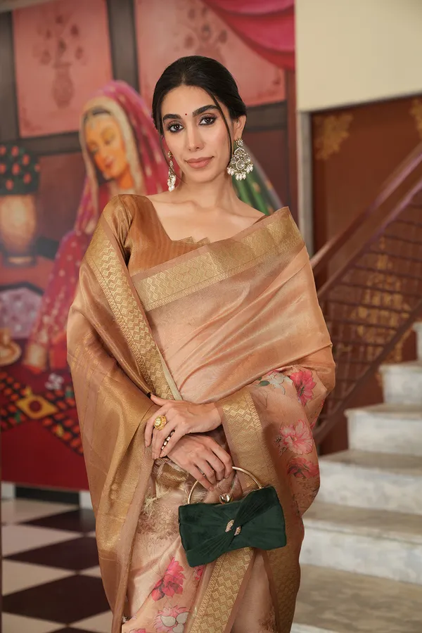 Vaanya_Coffee_Brown_–_Diwali_Special_|_Soft_Tissue_Silk_Saree_with_Digital_Print,_Border_&_Rich_Pallu,_Sequence_&_Contrast_Print_Blouse_with_Tassels