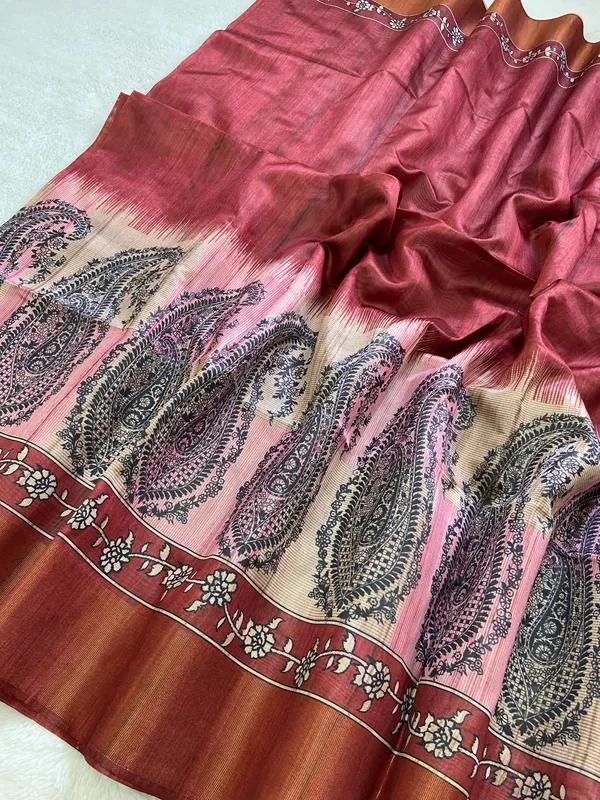 Falak_Maroon_–_Skyward_Diwali_Special_|_Soft_Tussar_Silk_Saree_with_Print,_Border_&_Contrast_Print_Blouse_with_Tassels