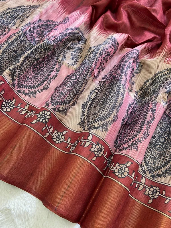 Falak_Maroon_–_Skyward_Diwali_Special_|_Soft_Tussar_Silk_Saree_with_Print,_Border_&_Contrast_Print_Blouse_with_Tassels