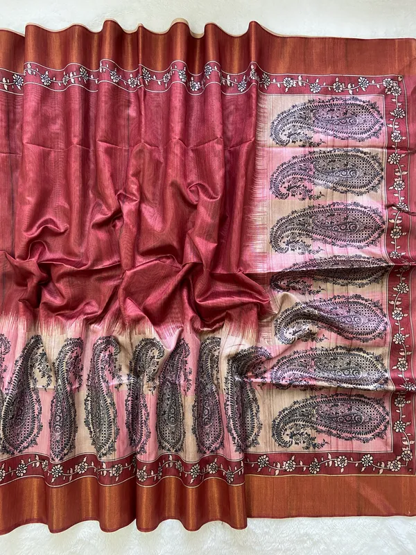 Falak_Maroon_–_Skyward_Diwali_Special_|_Soft_Tussar_Silk_Saree_with_Print,_Border_&_Contrast_Print_Blouse_with_Tassels