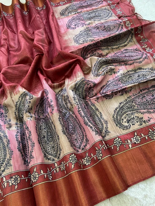 Falak_Maroon_–_Skyward_Diwali_Special_|_Soft_Tussar_Silk_Saree_with_Print,_Border_&_Contrast_Print_Blouse_with_Tassels