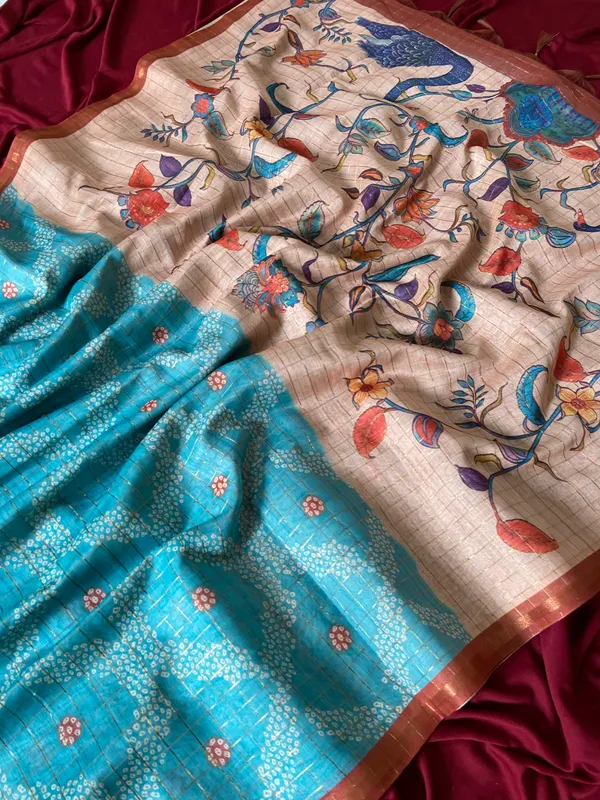 Soft_Semi_Tussar_Silk_sarees_with_Beautiful_Digital_Print_With_Attractive_Border_And_Contrast_Print_Blouse_With_Tassels