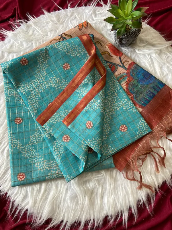 Soft_Semi_Tussar_Silk_sarees_with_Beautiful_Digital_Print_With_Attractive_Border_And_Contrast_Print_Blouse_With_Tassels