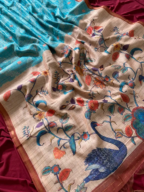 Soft_Semi_Tussar_Silk_sarees_with_Beautiful_Digital_Print_With_Attractive_Border_And_Contrast_Print_Blouse_With_Tassels