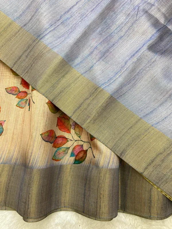 Divisha_Blue_–_Navratri_Special_|_Soft_Tussar_Silk_Saree_with_Print,_Border_&_Contrast_Print_Blouse_with_Tassels
