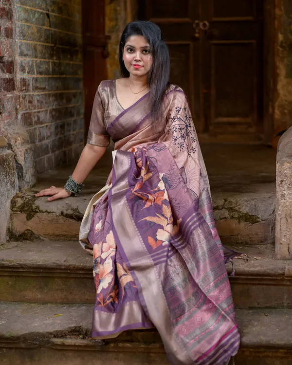superior_desi_soft_silky_tussar_sarees_with_ombre_scheme_body_and_over_it_floral_conceptual_prints_with_kanji_woven_border_and_printed_pallu_with_tassels