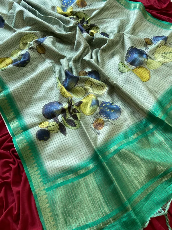 Soft_Tussar_Silk_sarees_with_Beautiful_Digital_Print_With_Attractive_Checks_Design_Saree_And_Digital_Print_Blouse_With_Tassels