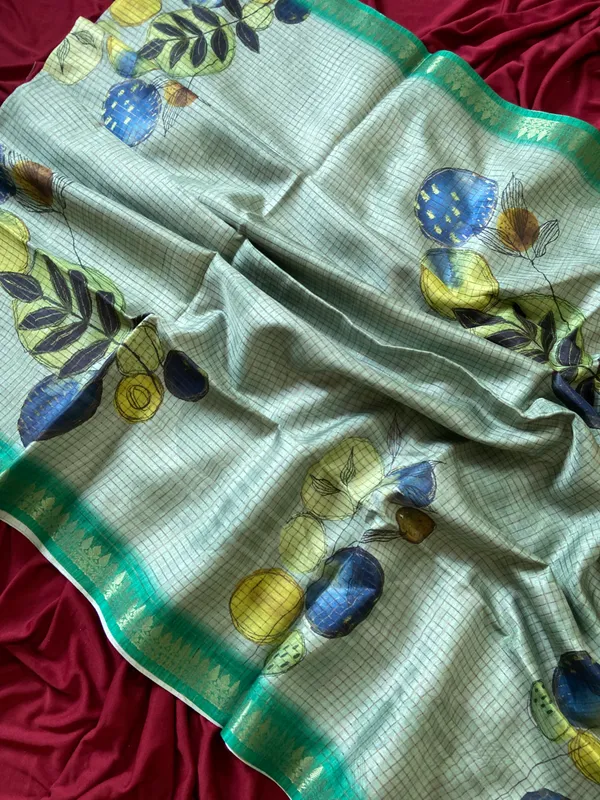 Soft_Tussar_Silk_sarees_with_Beautiful_Digital_Print_With_Attractive_Checks_Design_Saree_And_Digital_Print_Blouse_With_Tassels