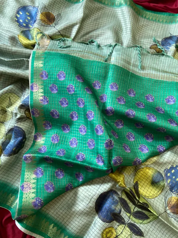 Soft_Tussar_Silk_sarees_with_Beautiful_Digital_Print_With_Attractive_Checks_Design_Saree_And_Digital_Print_Blouse_With_Tassels