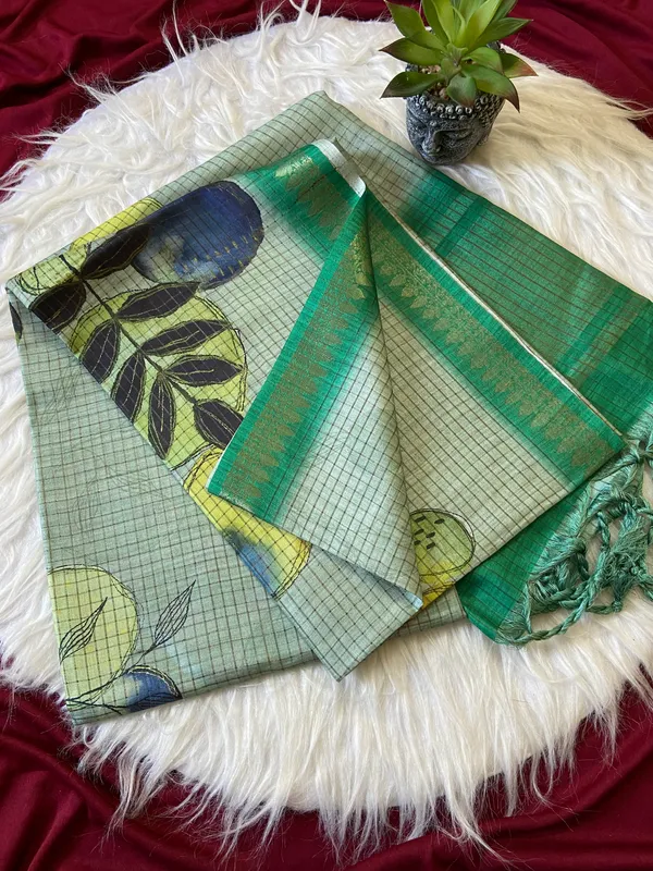 Soft_Tussar_Silk_sarees_with_Beautiful_Digital_Print_With_Attractive_Checks_Design_Saree_And_Digital_Print_Blouse_With_Tassels