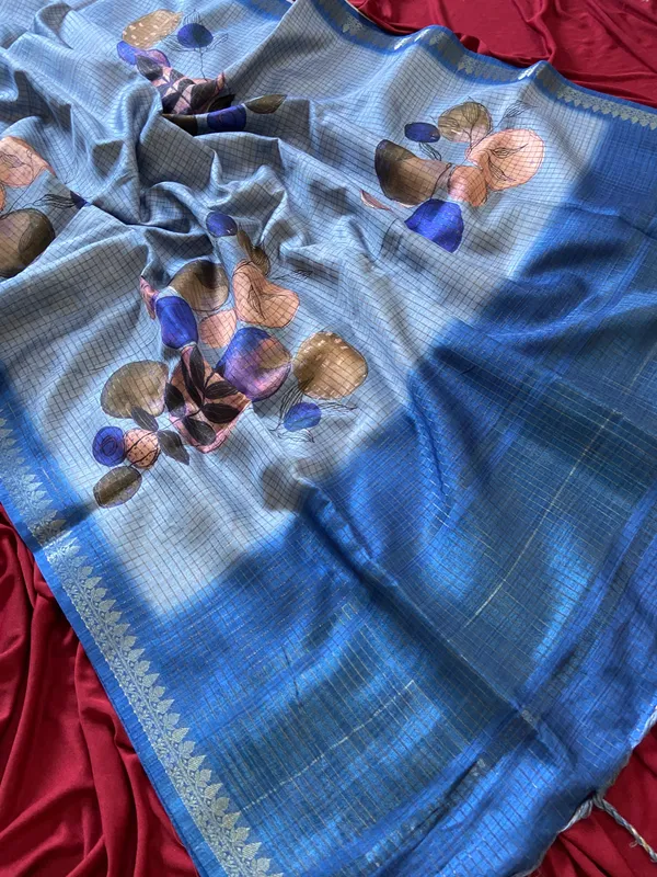 Soft_Tussar_Silk_sarees_with_Beautiful_Digital_Print_With_Attractive_Checks_Design_Saree_And_Digital_Print_Blouse_With_Tassels