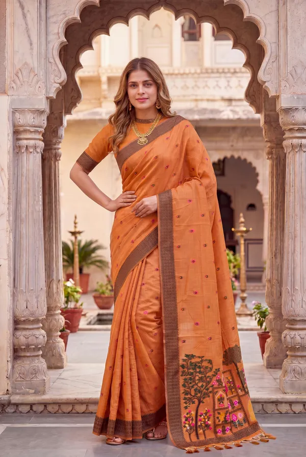 Yashira_Orange_–_Peacock_Pallu_Wedding_Special_|_Premium_Soft_Jamdani_Cotton_Saree_with_Colourful_3D_Woven_Peacock_Design_Pallu