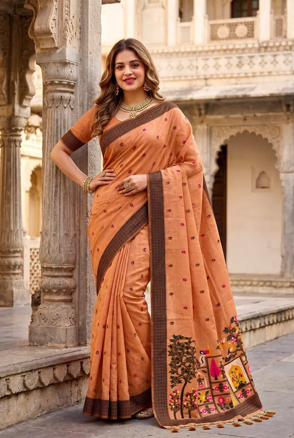 Yashira_Orange_–_Peacock_Pallu_Wedding_Special_|_Premium_Soft_Jamdani_Cotton_Saree_with_Colourful_3D_Woven_Peacock_Design_Pallu