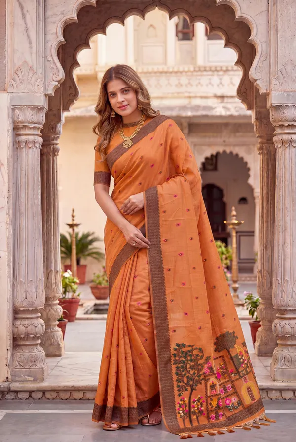 Yashira_Orange_–_Peacock_Pallu_Wedding_Special_|_Premium_Soft_Jamdani_Cotton_Saree_with_Colourful_3D_Woven_Peacock_Design_Pallu