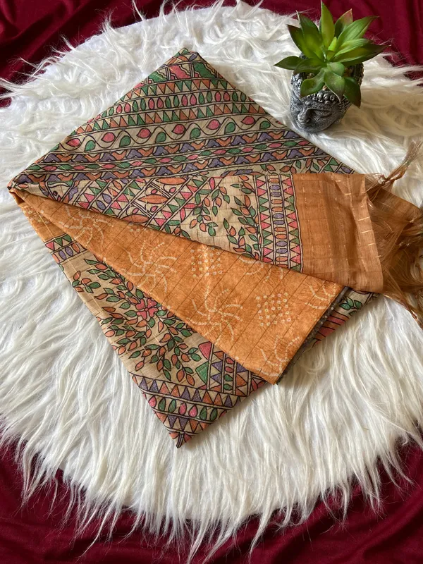 Soft_Semi_Tussar_Silk_sarees_with_Beautiful_Digital_Print_With_Attractive_Border_And_Contrast_Print_Blouse_With_Tassels