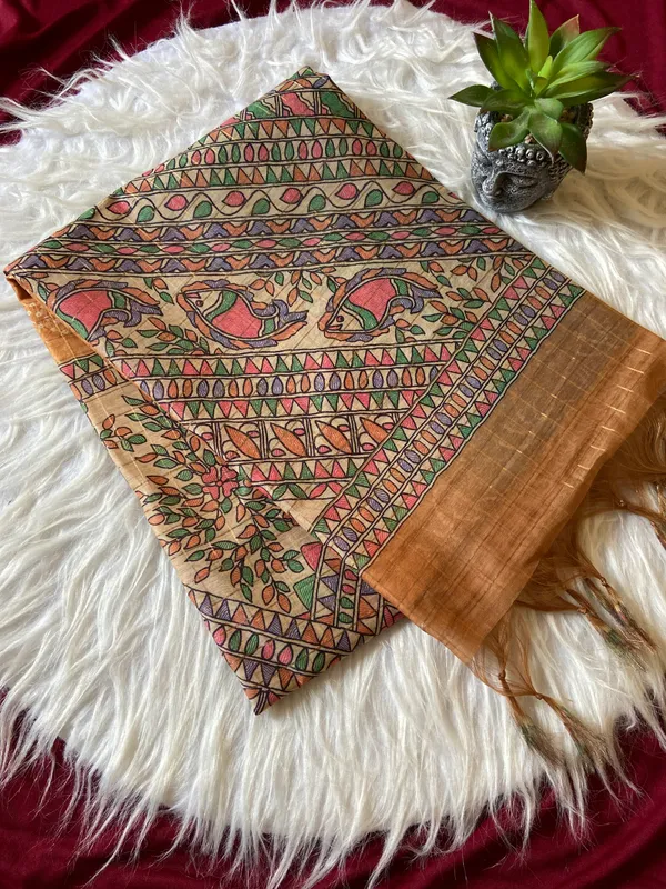 Soft_Semi_Tussar_Silk_sarees_with_Beautiful_Digital_Print_With_Attractive_Border_And_Contrast_Print_Blouse_With_Tassels