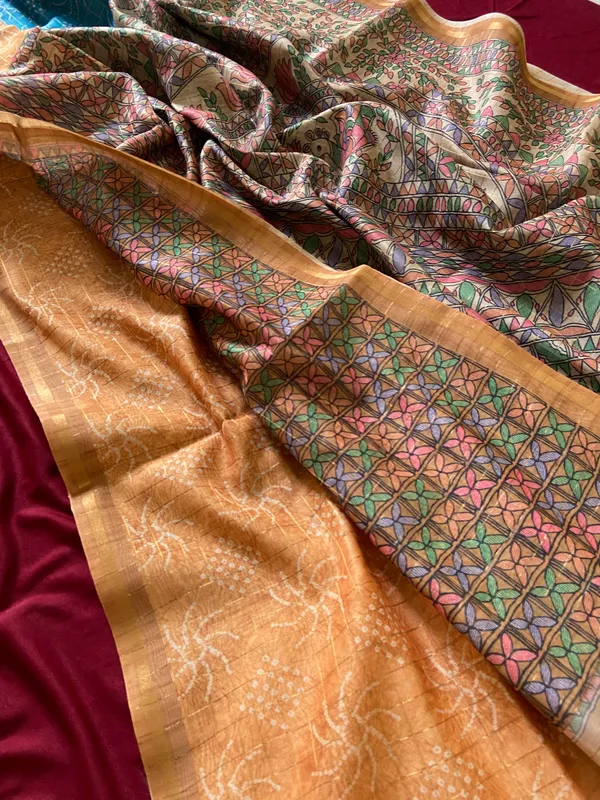 Soft_Semi_Tussar_Silk_sarees_with_Beautiful_Digital_Print_With_Attractive_Border_And_Contrast_Print_Blouse_With_Tassels