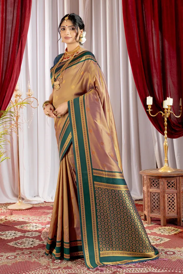 Narayana_Pattu_Narayanpet_Silk_sarees_with_Beautiful_Booti_in_Contrast_Green-Khaki_Shades_With_Attractive_Weaving_Gold_Zari_Design_And_Contrast_Blouse_With_Tassels
