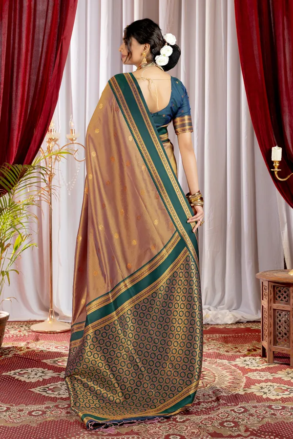 Narayana_Pattu_Narayanpet_Silk_sarees_with_Beautiful_Booti_in_Contrast_Green-Khaki_Shades_With_Attractive_Weaving_Gold_Zari_Design_And_Contrast_Blouse_With_Tassels