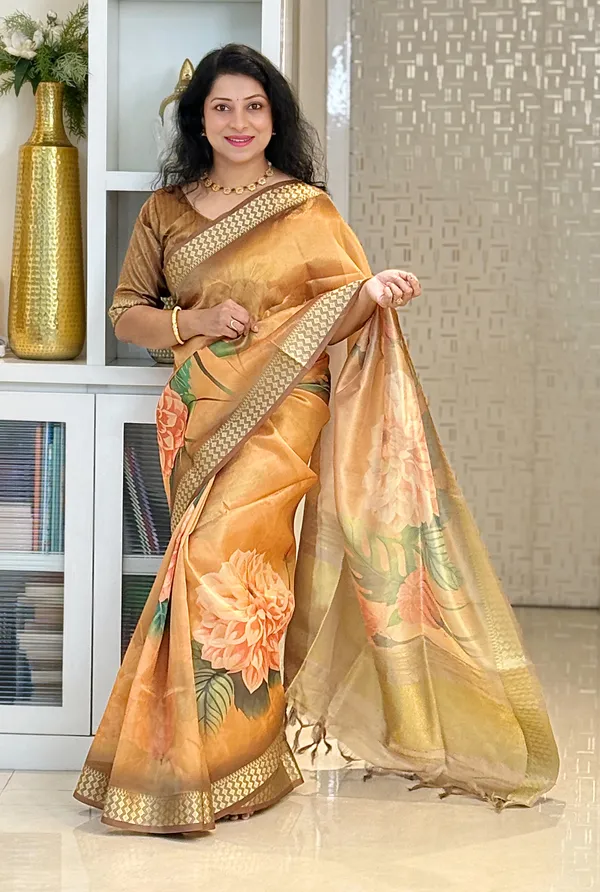 Dhriti_Coffee_Brown_–_Diwali_Special_|_Soft_Tissue_Silk_Saree_with_Digital_Print,_Border_&_Rich_Pallu,_Sequence_&_Contrast_Print_Blouse_with_Tassels