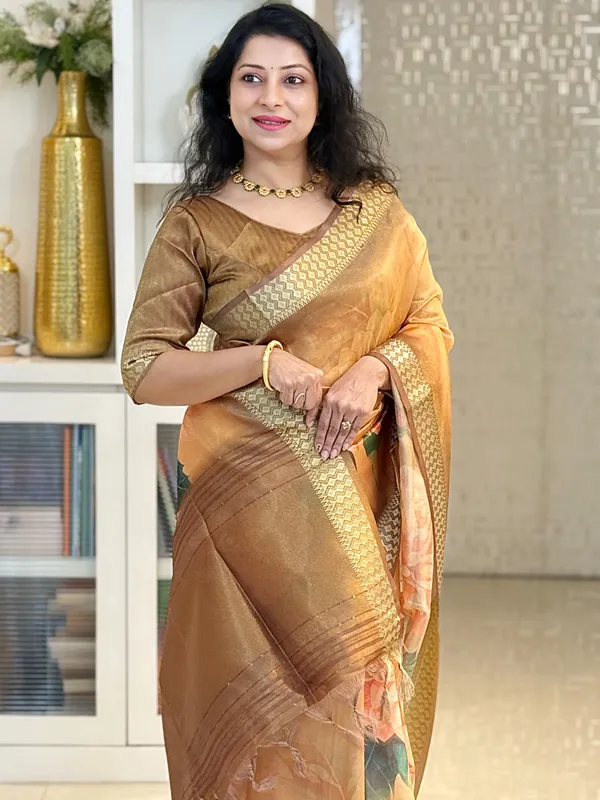 Dhriti_Coffee_Brown_–_Diwali_Special_|_Soft_Tissue_Silk_Saree_with_Digital_Print,_Border_&_Rich_Pallu,_Sequence_&_Contrast_Print_Blouse_with_Tassels