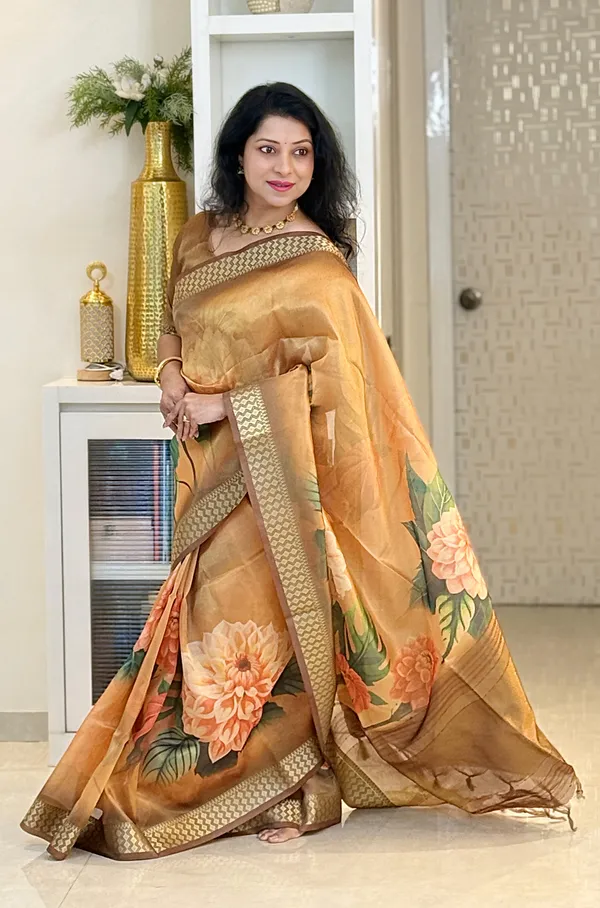 Dhriti_Coffee_Brown_–_Diwali_Special_|_Soft_Tissue_Silk_Saree_with_Digital_Print,_Border_&_Rich_Pallu,_Sequence_&_Contrast_Print_Blouse_with_Tassels