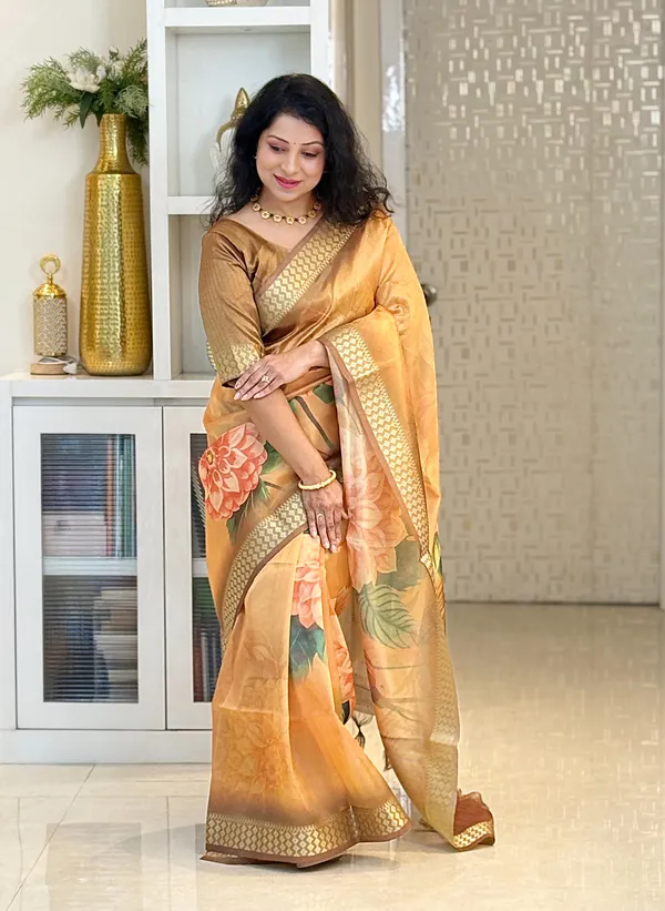 Dhriti_Coffee_Brown_–_Diwali_Special_|_Soft_Tissue_Silk_Saree_with_Digital_Print,_Border_&_Rich_Pallu,_Sequence_&_Contrast_Print_Blouse_with_Tassels