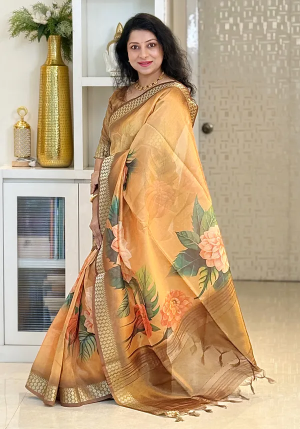 Dhriti_Coffee_Brown_–_Diwali_Special_|_Soft_Tissue_Silk_Saree_with_Digital_Print,_Border_&_Rich_Pallu,_Sequence_&_Contrast_Print_Blouse_with_Tassels